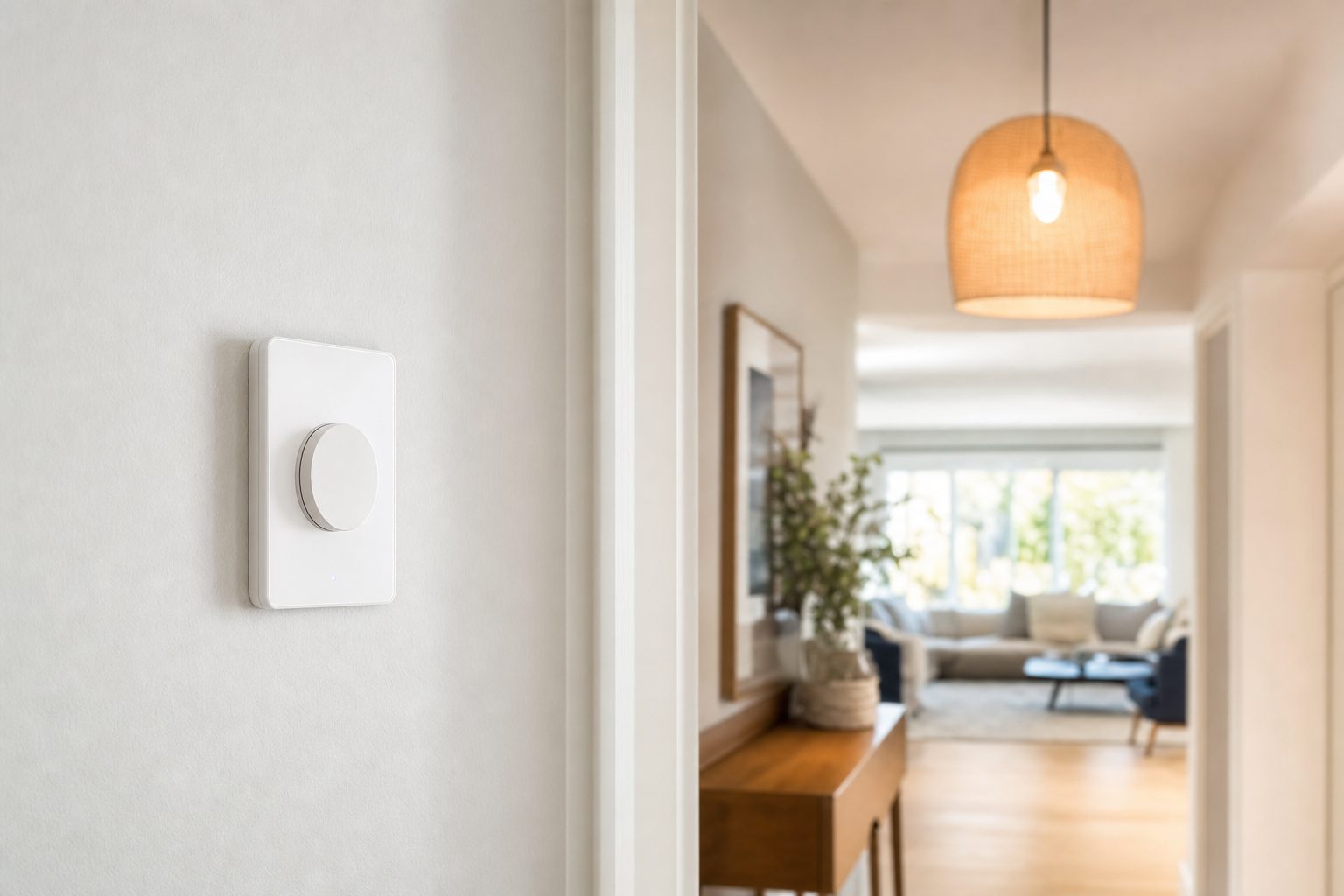 White smart dimmer on a hallway wall with a warmly lit room beyond
