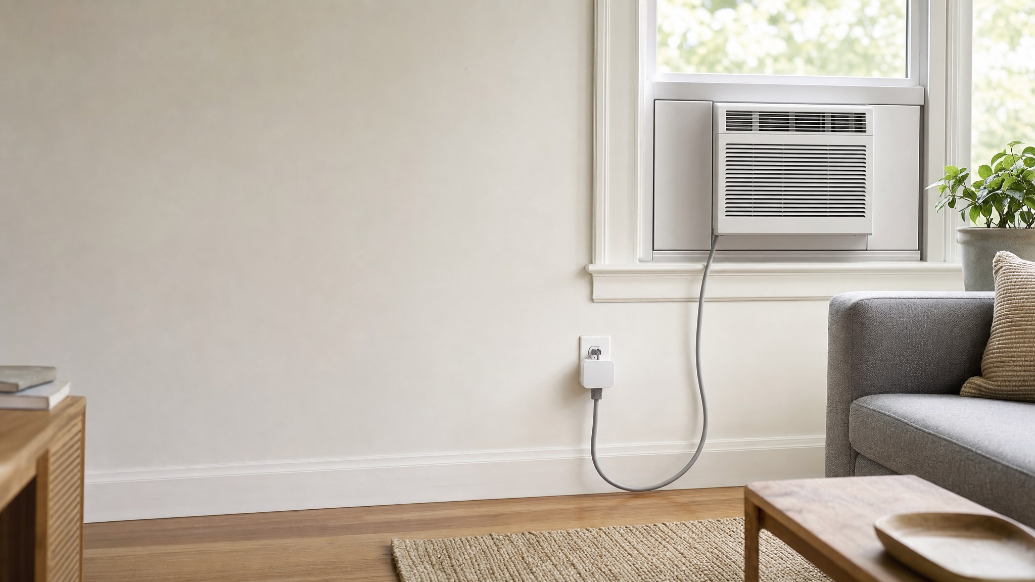 A window air conditioner connected to an unbranded smart plug in a bright apartment living room