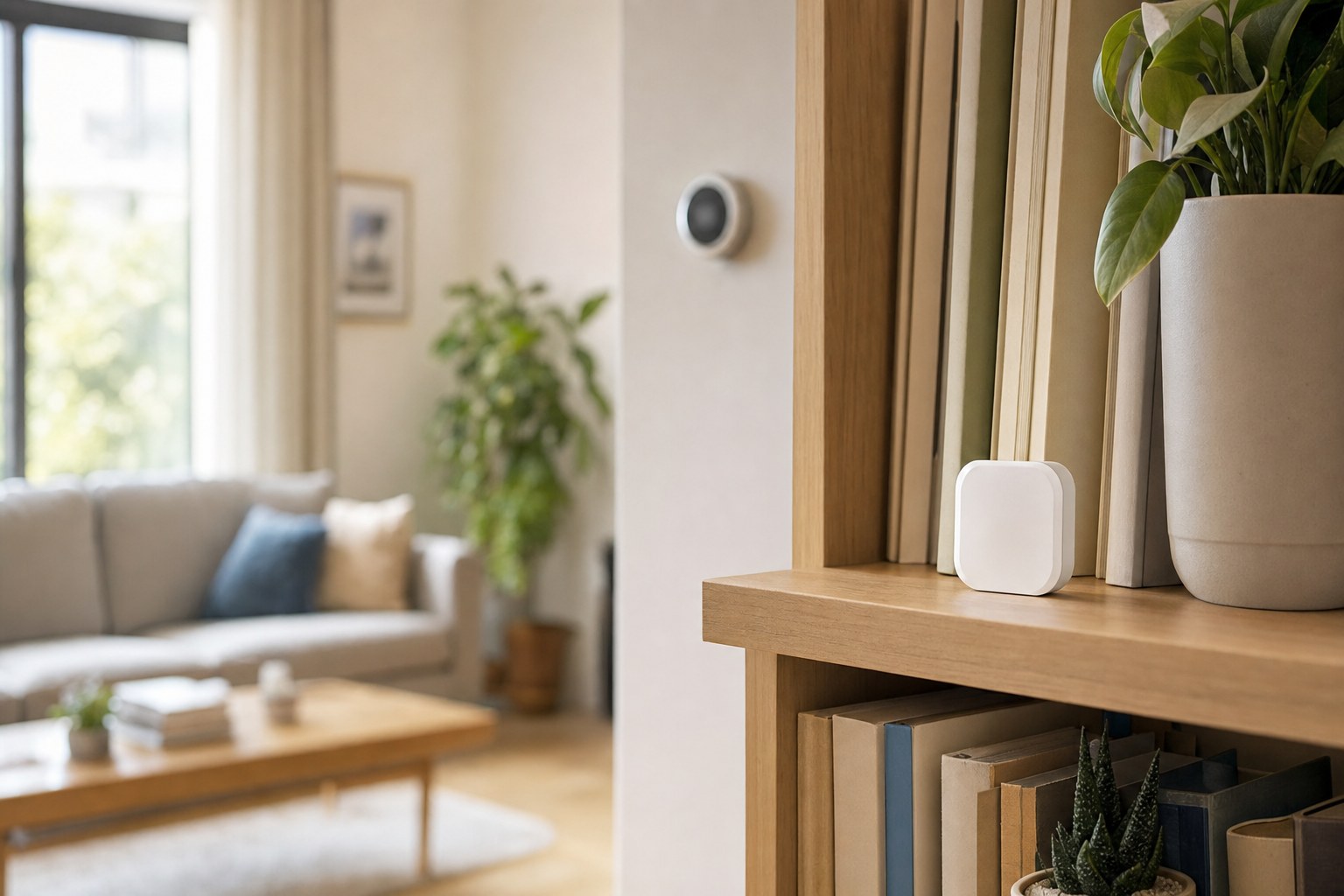 A compact smart temperature sensor on a living room shelf