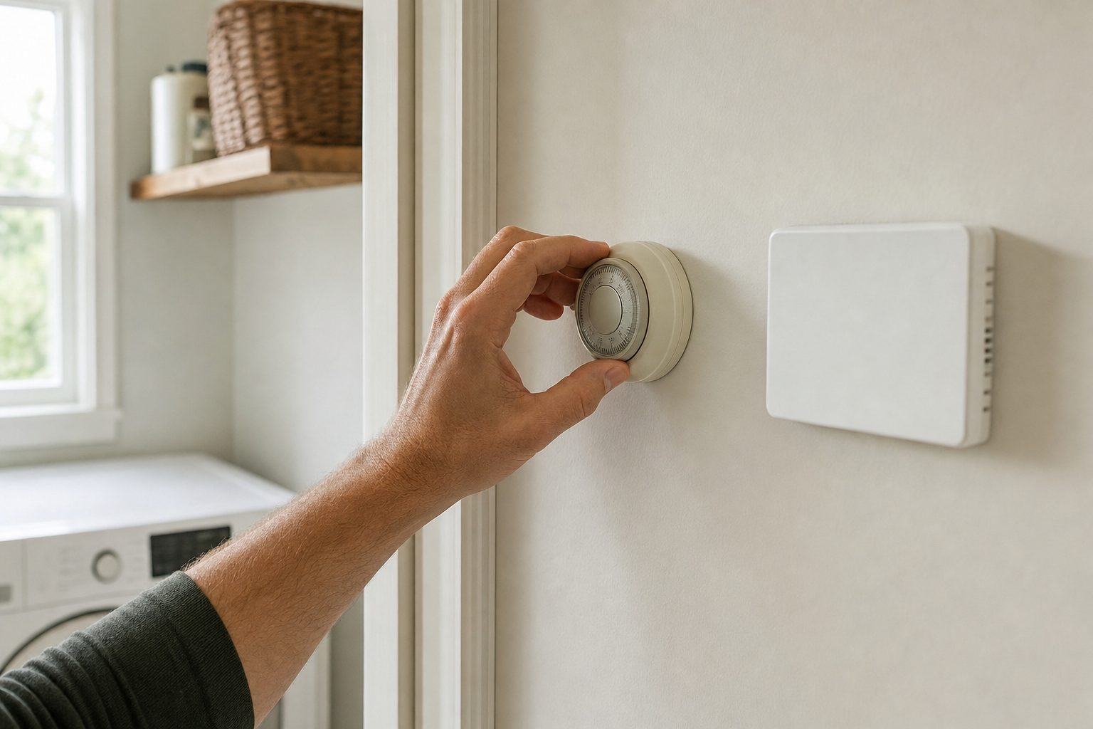A person adjusting a thermostat with a physical control