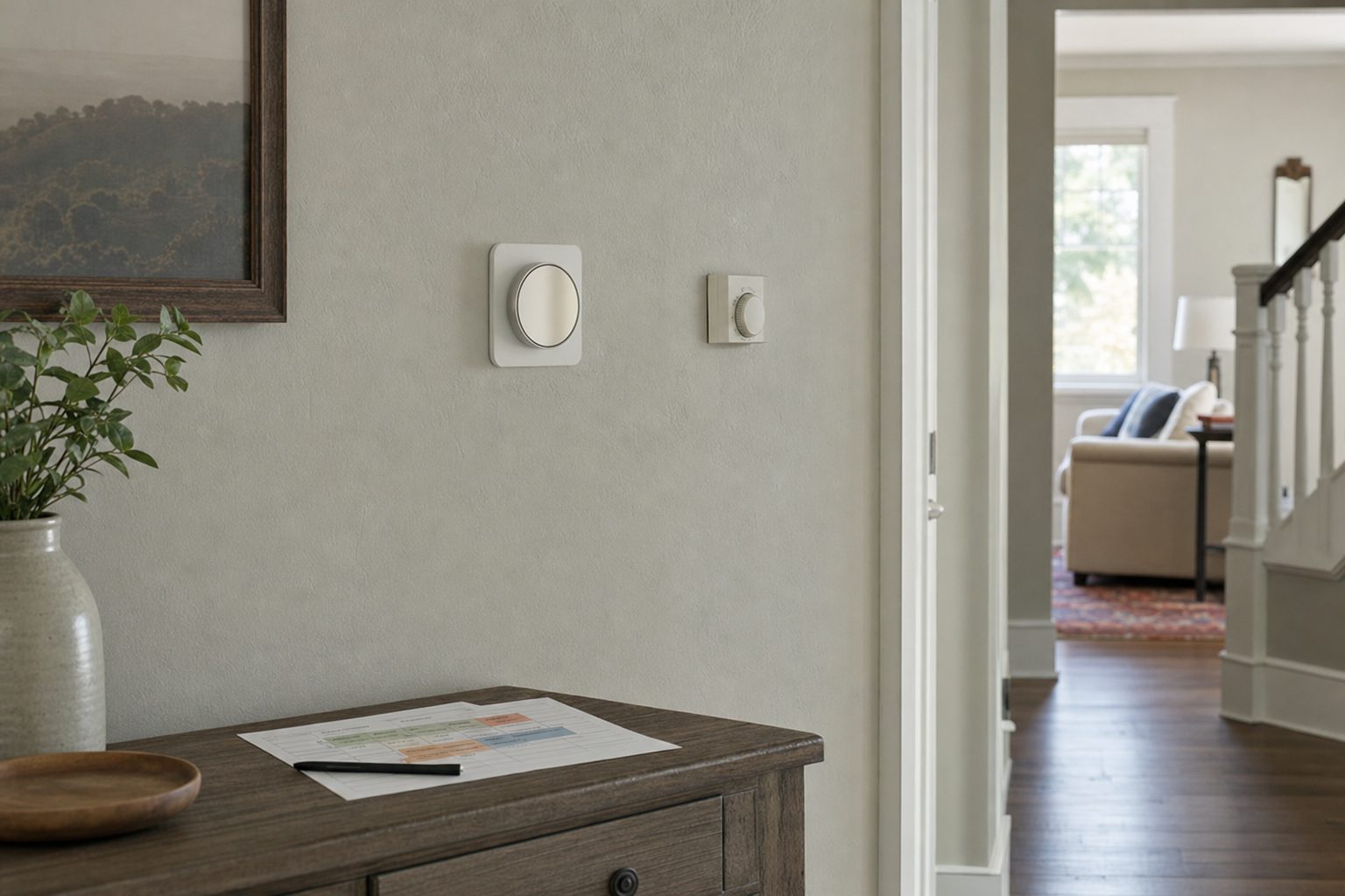 A wall thermostat in a calm home hallway with local controls nearby