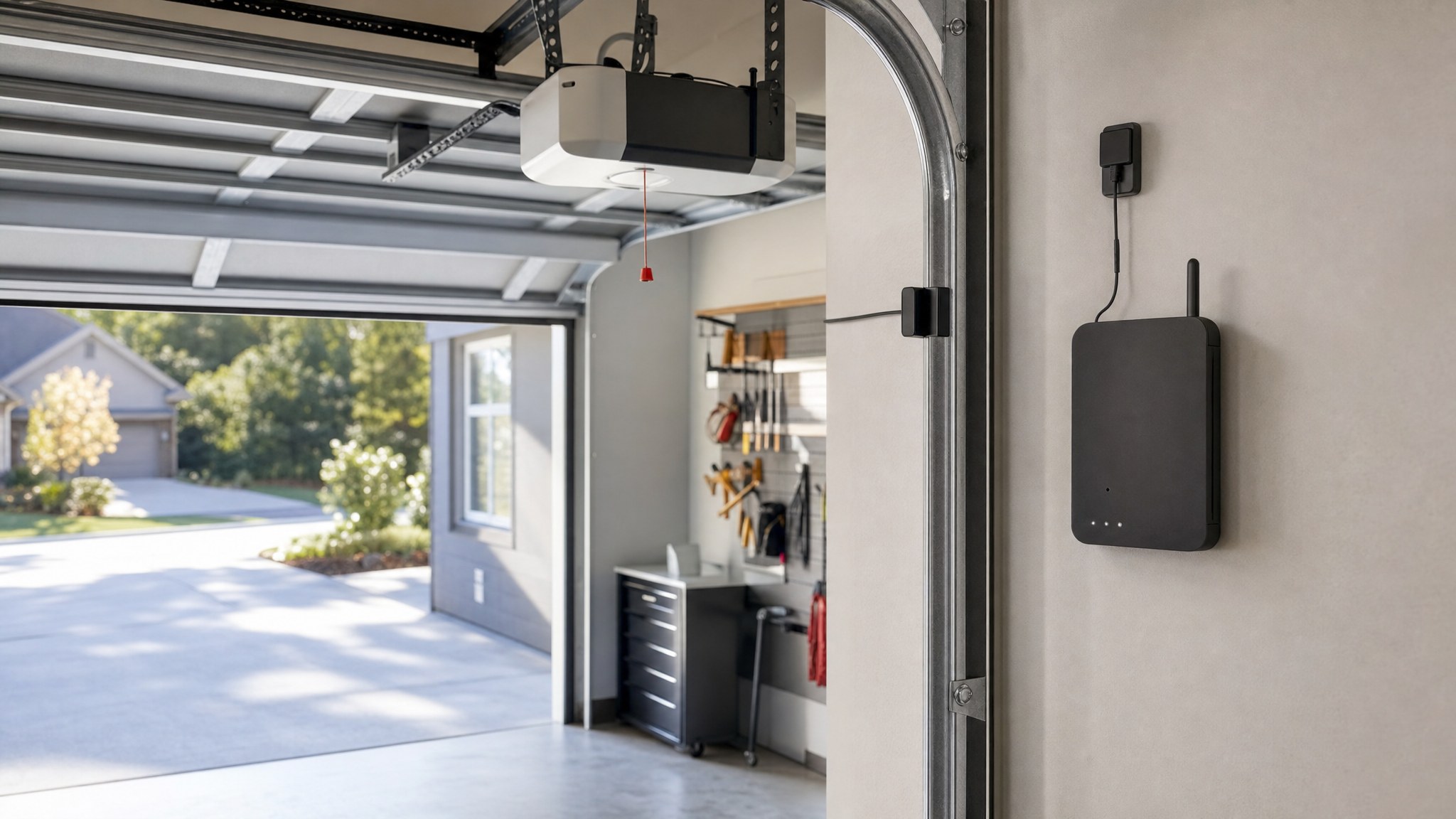 A smart garage door controller and door-position sensor in a residential garage