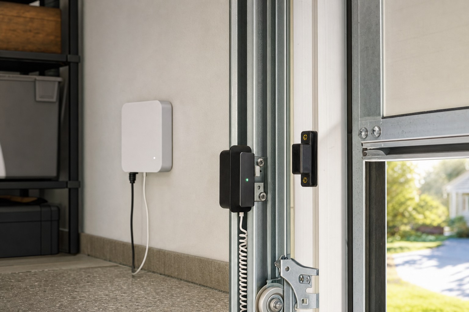 A garage door controller and sensor installed near a garage door track