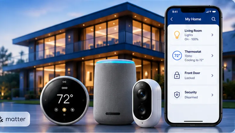 Modern smart home with connected devices in the foreground