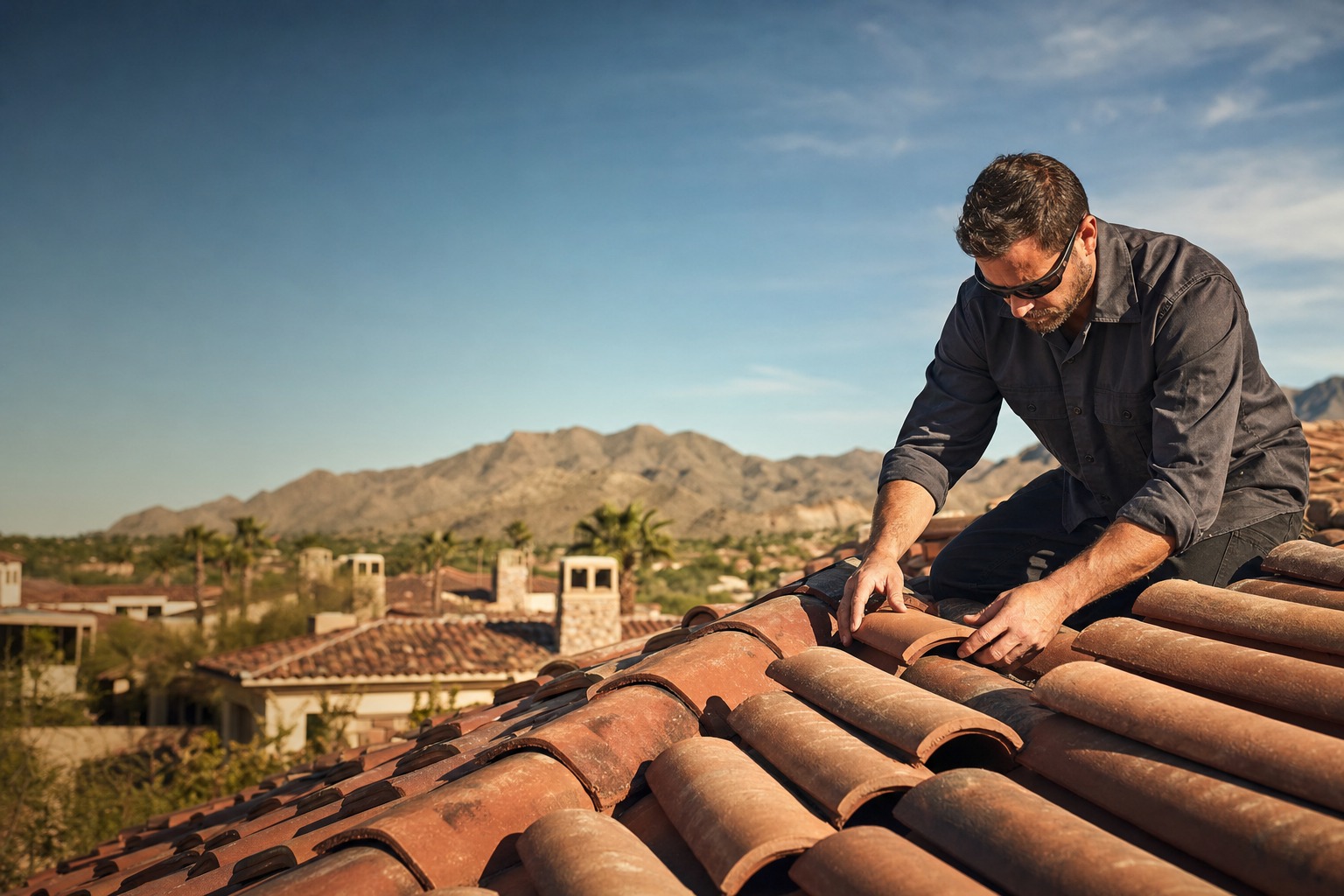 Roofing professional inspecting clay tiles on an Arizona roof