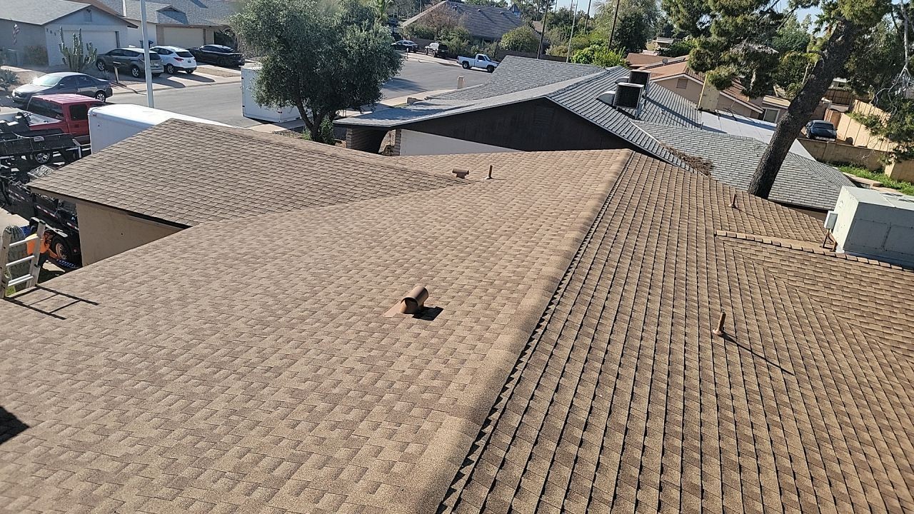 Wide view of a completed shingle roof
