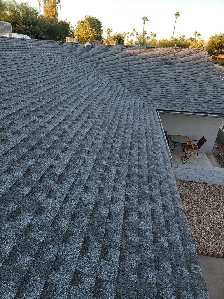 Gray shingle roof with palm trees in the background