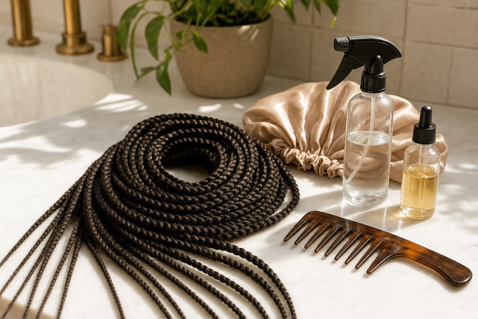 Box braids with a satin bonnet, spray bottle, light oil, and wide-tooth comb