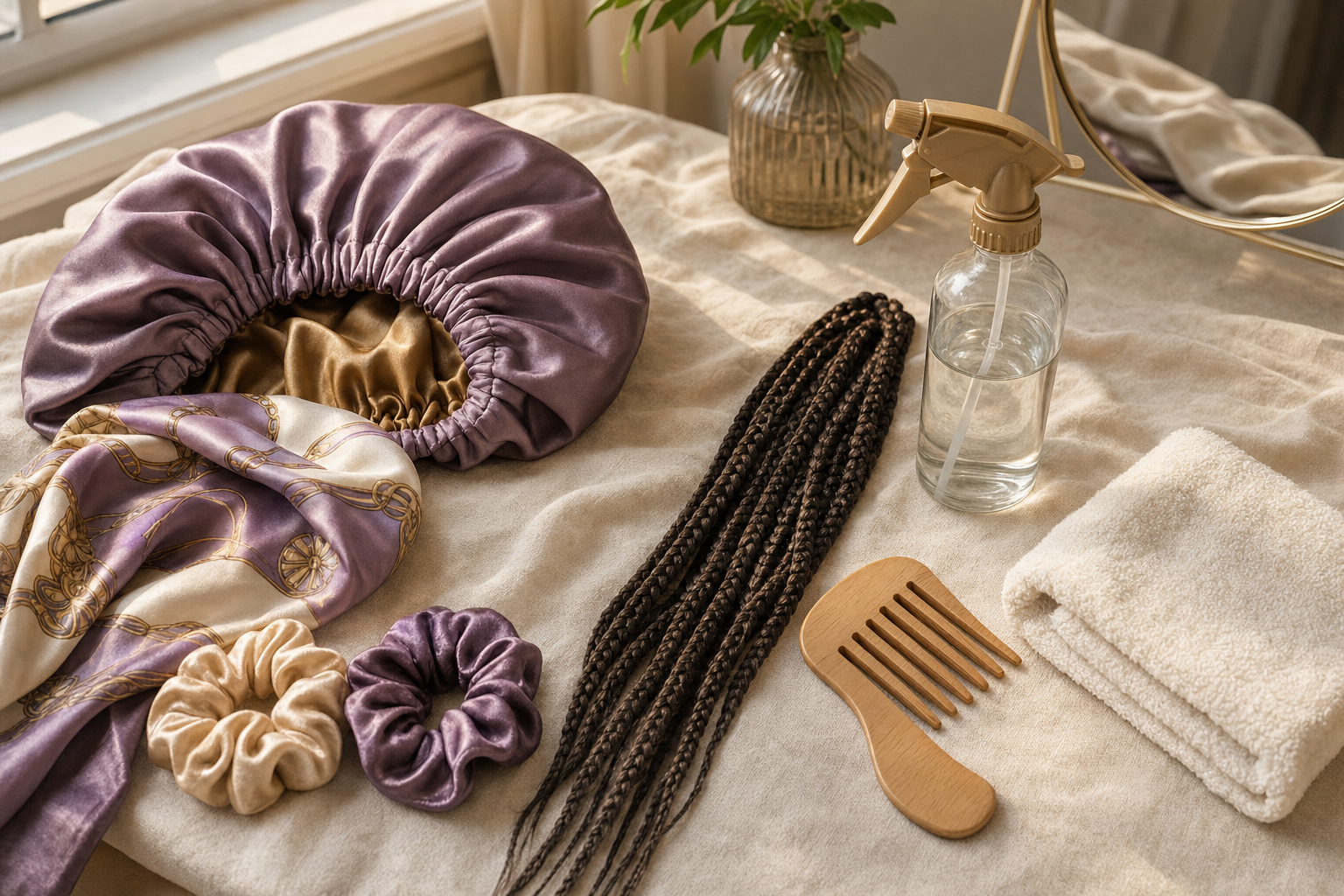 Satin bonnet, scarf, hair mist bottle, towel, and box braid extensions arranged for everyday care
