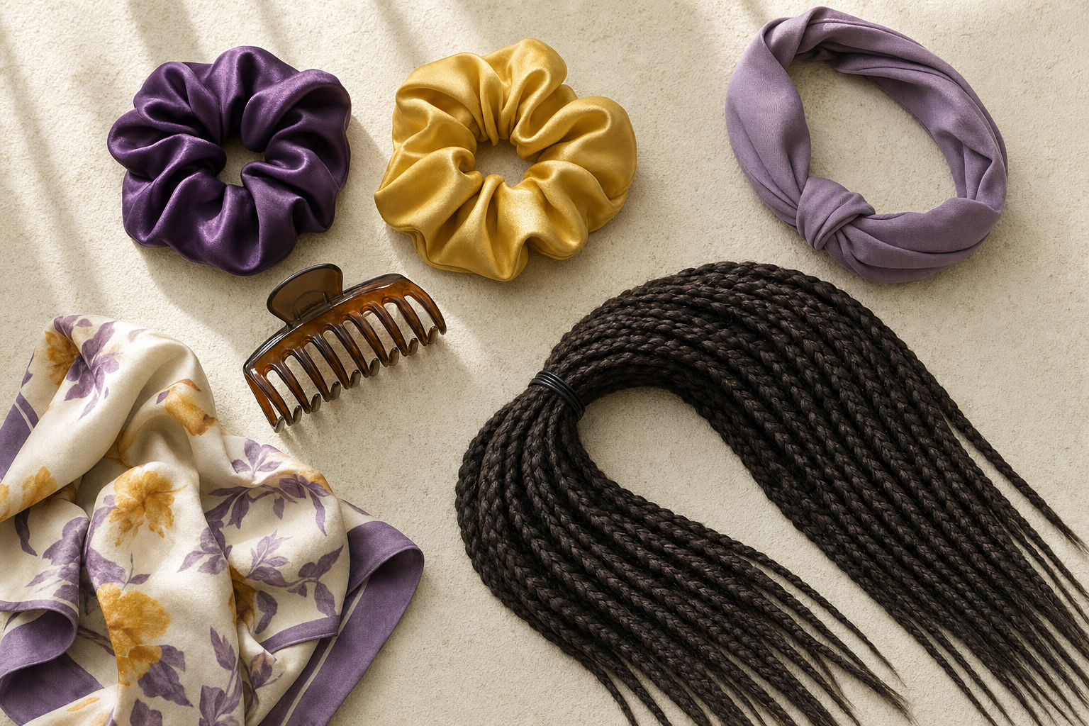 Satin scrunchies, a fabric headband, claw clip, scarf, and box braid extensions arranged for gentle styling