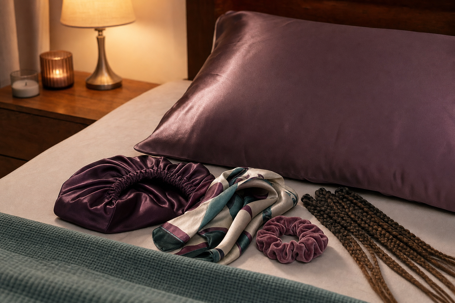 Satin pillowcase, bonnet, scarf, scrunchie, and box braid extensions arranged for nighttime protection