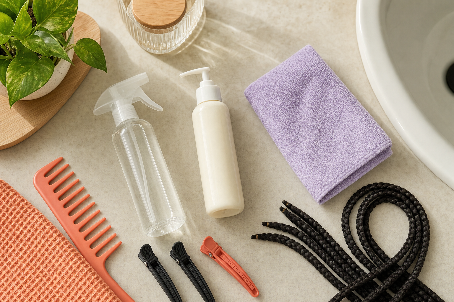 Hair mist bottle, light moisturizer, towel, comb, clips, and box braid extensions on a bathroom counter