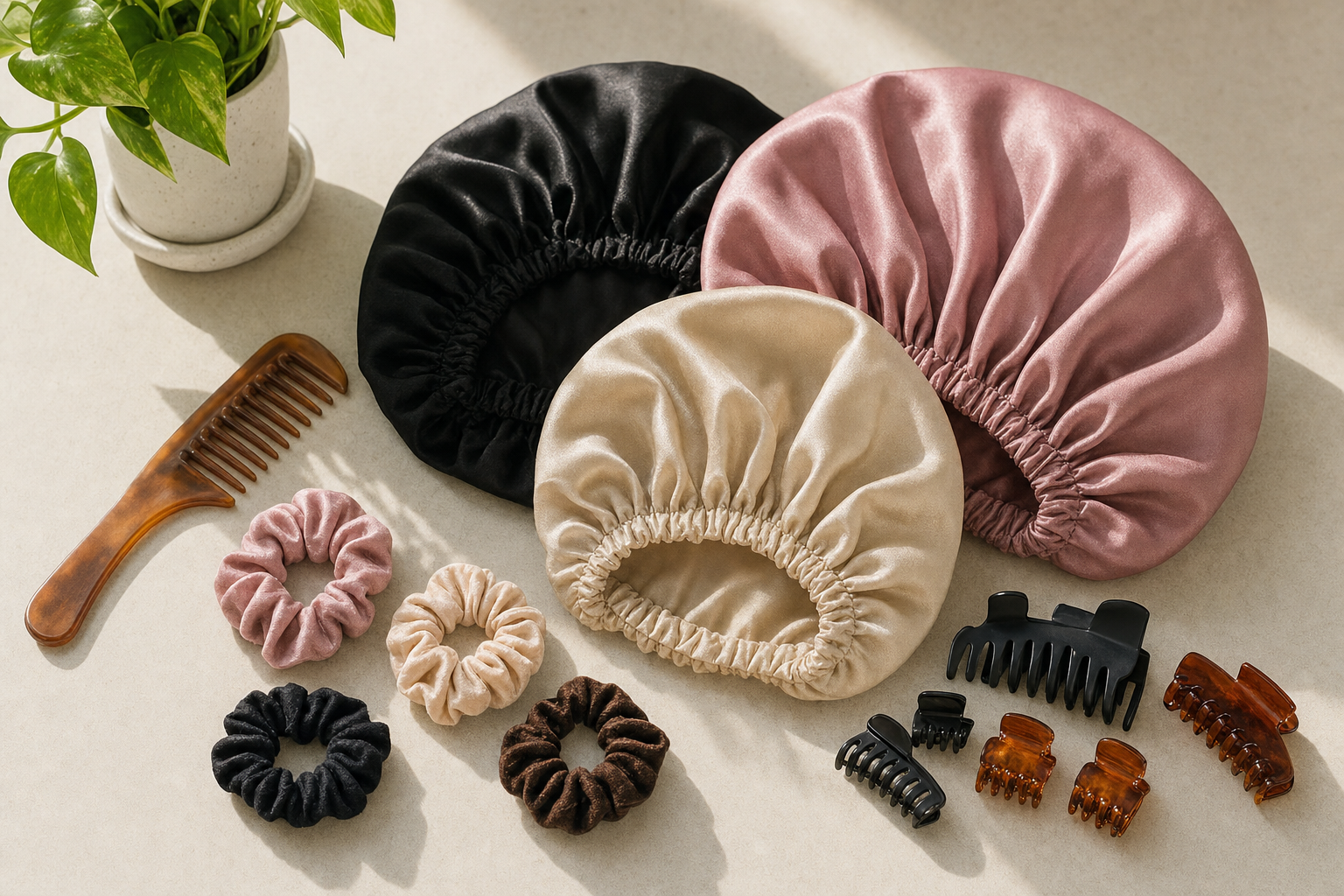 Satin bonnets, scrunchies, clips, and a wide-tooth comb arranged for hair care
