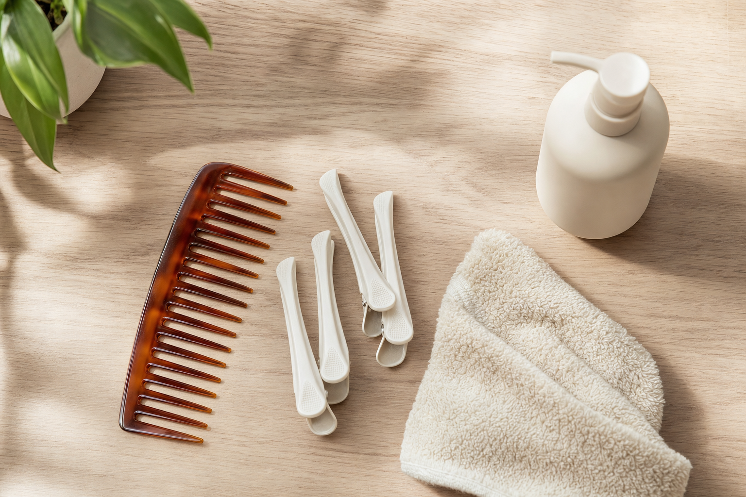 Wide-tooth comb, sectioning clips, washcloth, and pump bottle arranged for gentle hair care