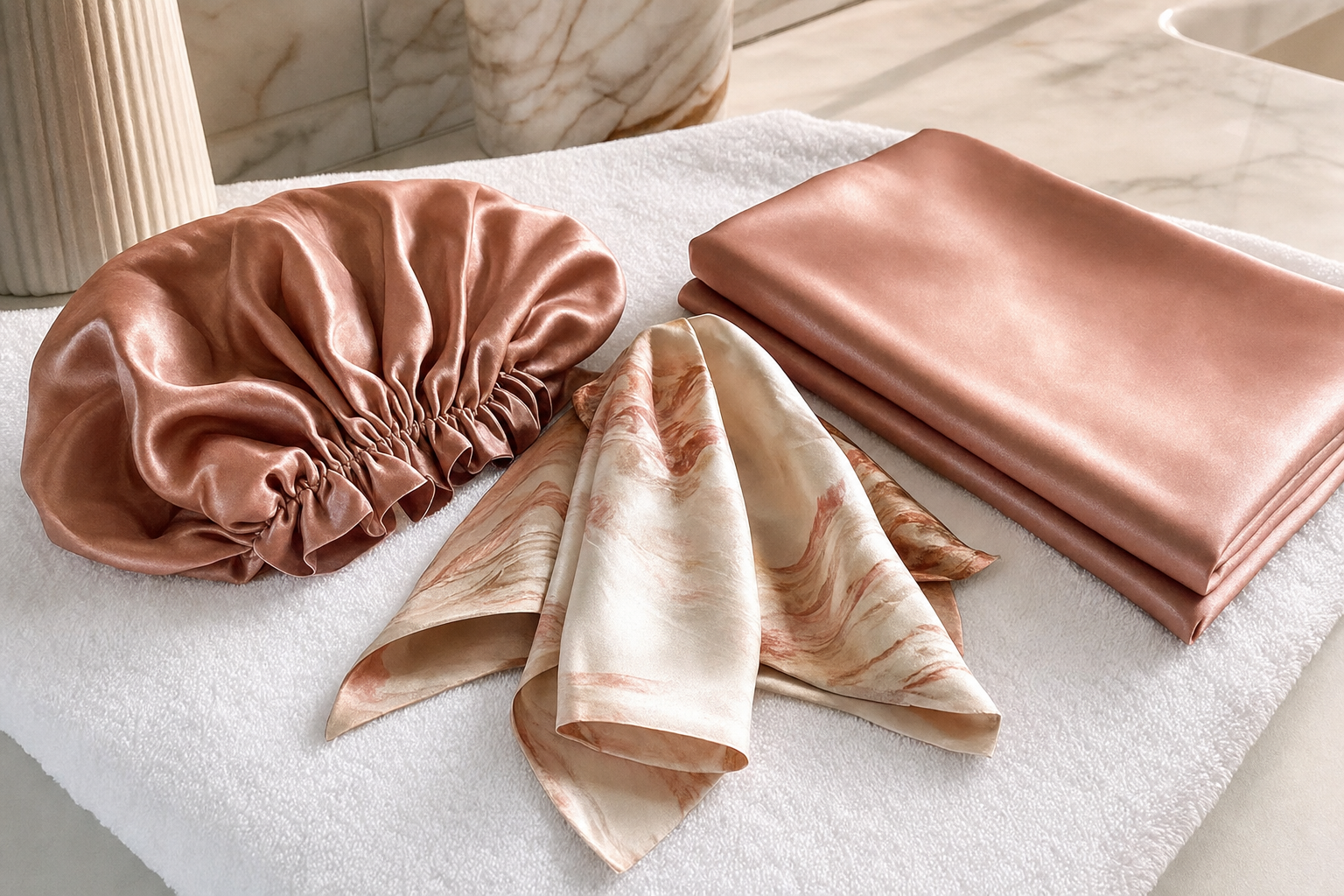 Satin bonnet and scarf folded on a towel