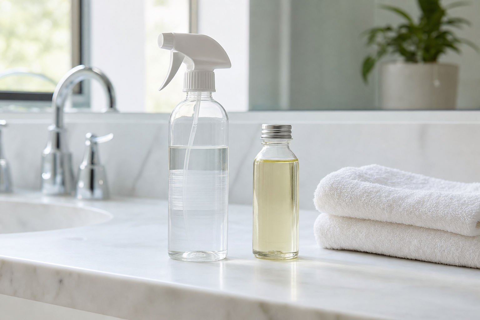 Fine-mist spray bottle, light hair oil, and clean towels on a bathroom counter