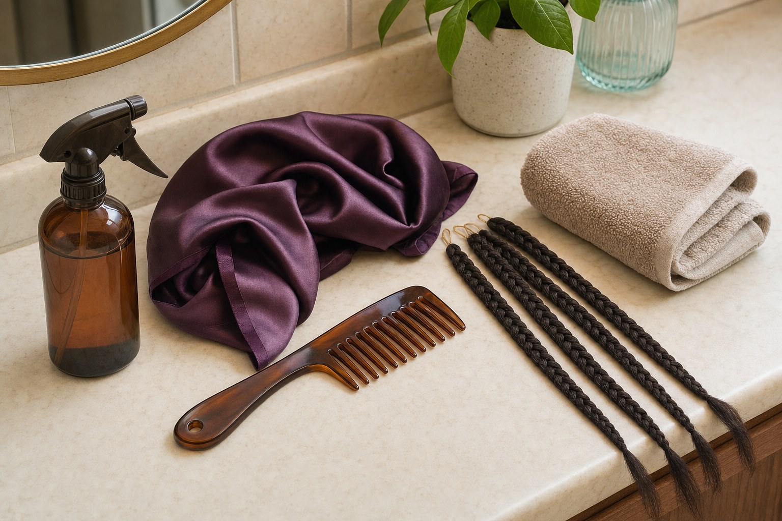 Fine-mist spray bottle, satin scarf, comb, and box braid extensions arranged for a simple refresh routine