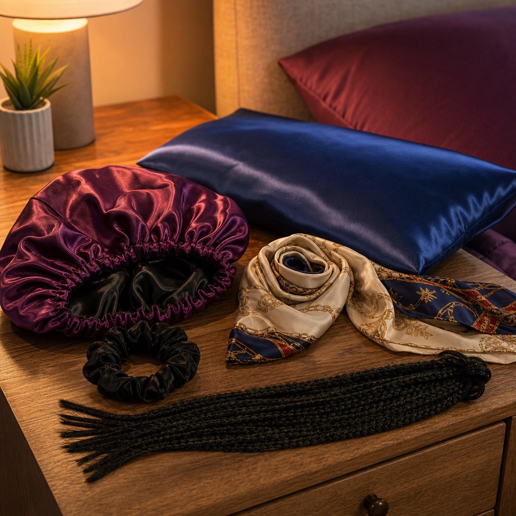 Satin bonnet, pillowcase, scarf, scrunchie, and box braid extensions arranged on a bedside table