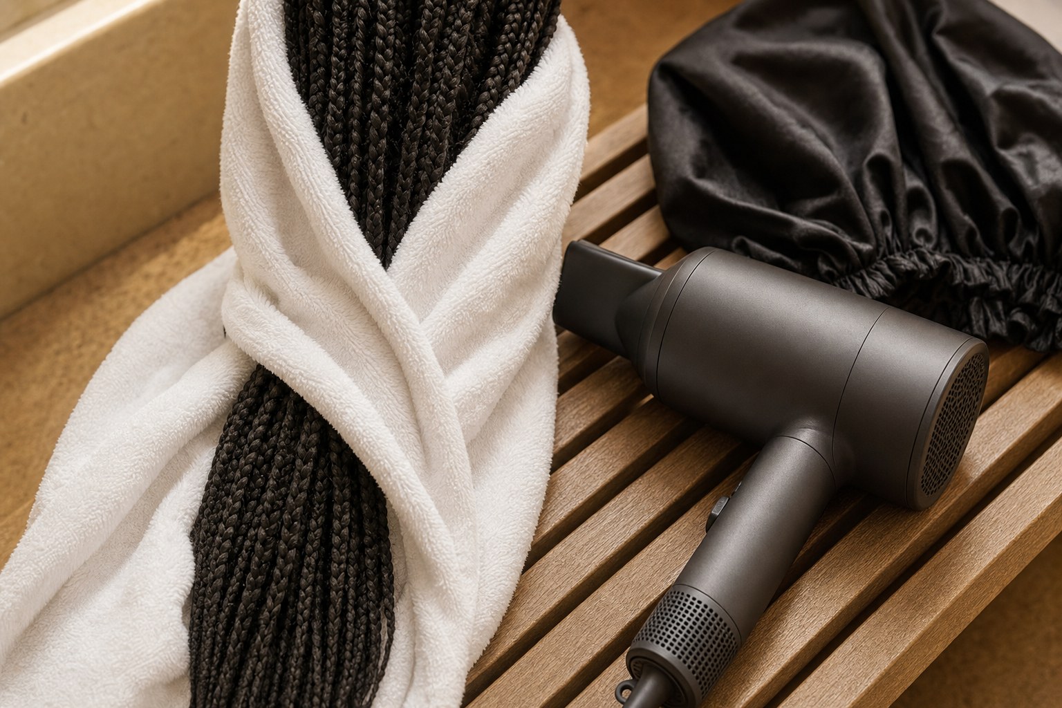 Dark box braid extensions wrapped in a white towel beside a hair dryer and satin bonnet