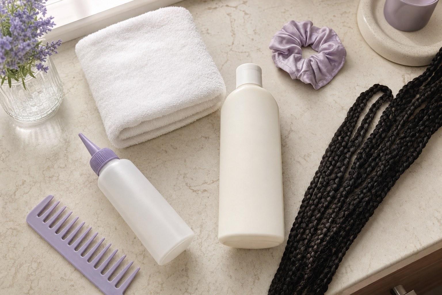 Wash-day supplies arranged with dark box braid extensions on a bathroom counter