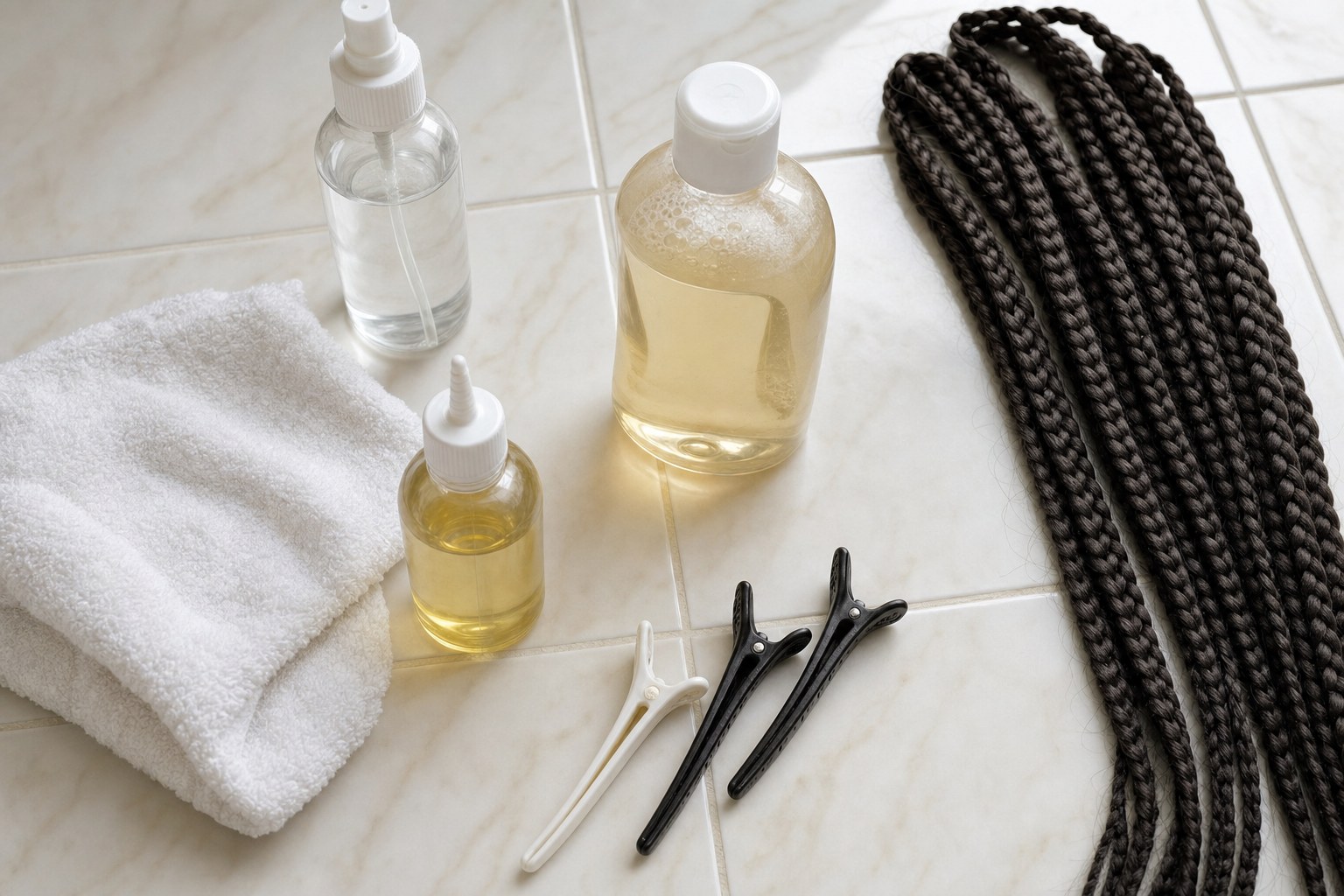 Gentle wash-day supplies and dark box braid extensions arranged on pale tile
