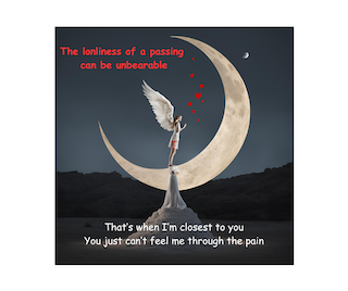 Artwork of an angel on a crescent moon