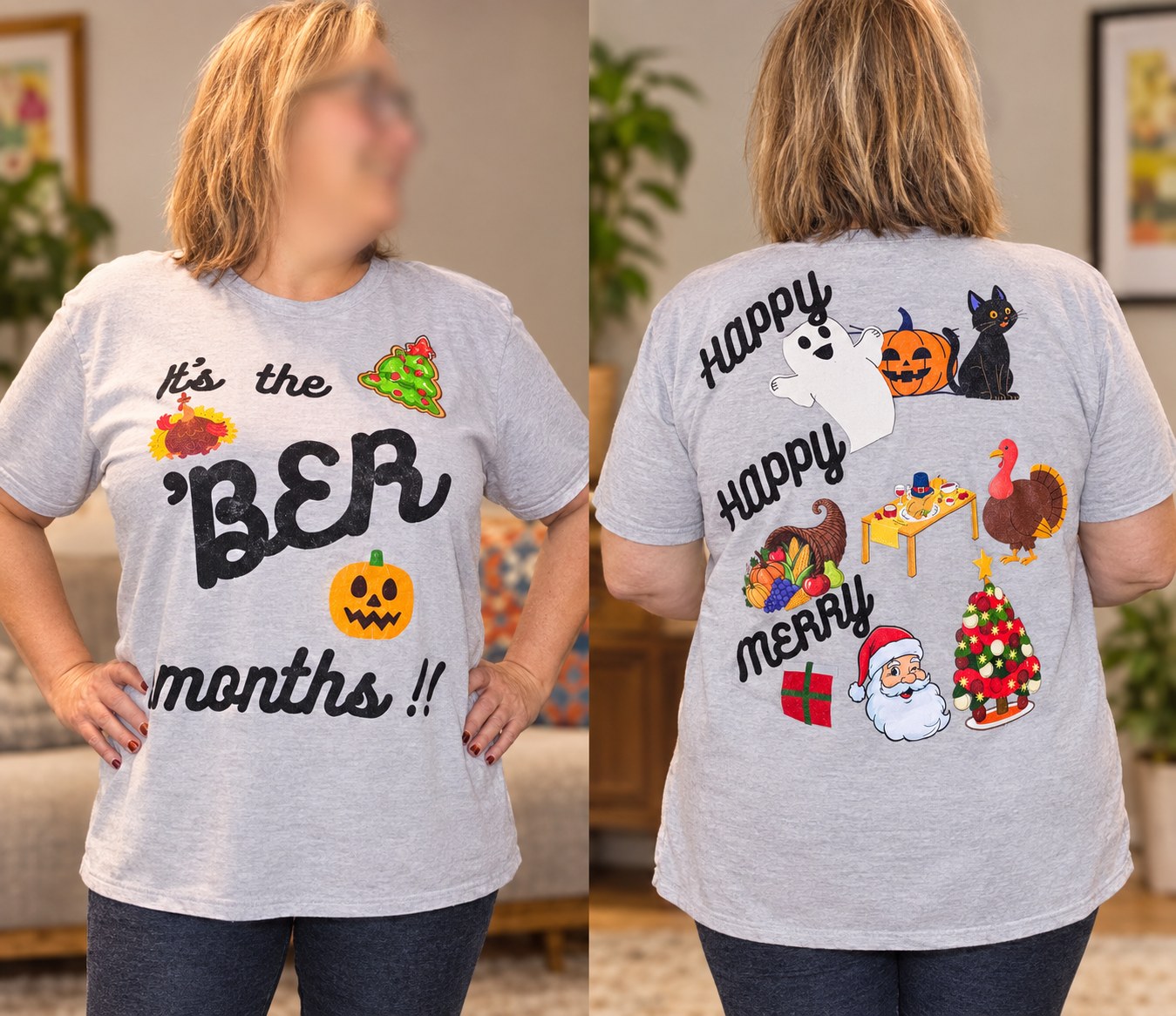 Model wearing the seasonal 'BER months graphic tee in XL, shown from the front and back