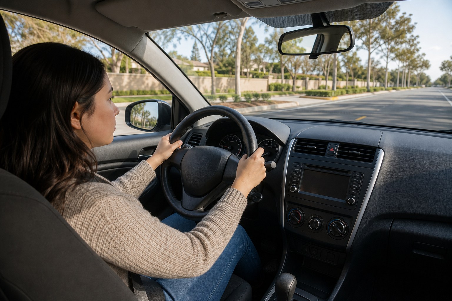 Learner driver practicing on a quiet suburban street