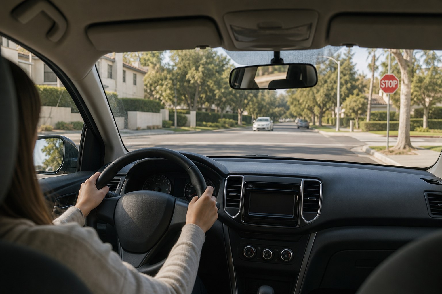 Learner driver approaching a neighborhood intersection with both hands on the wheel