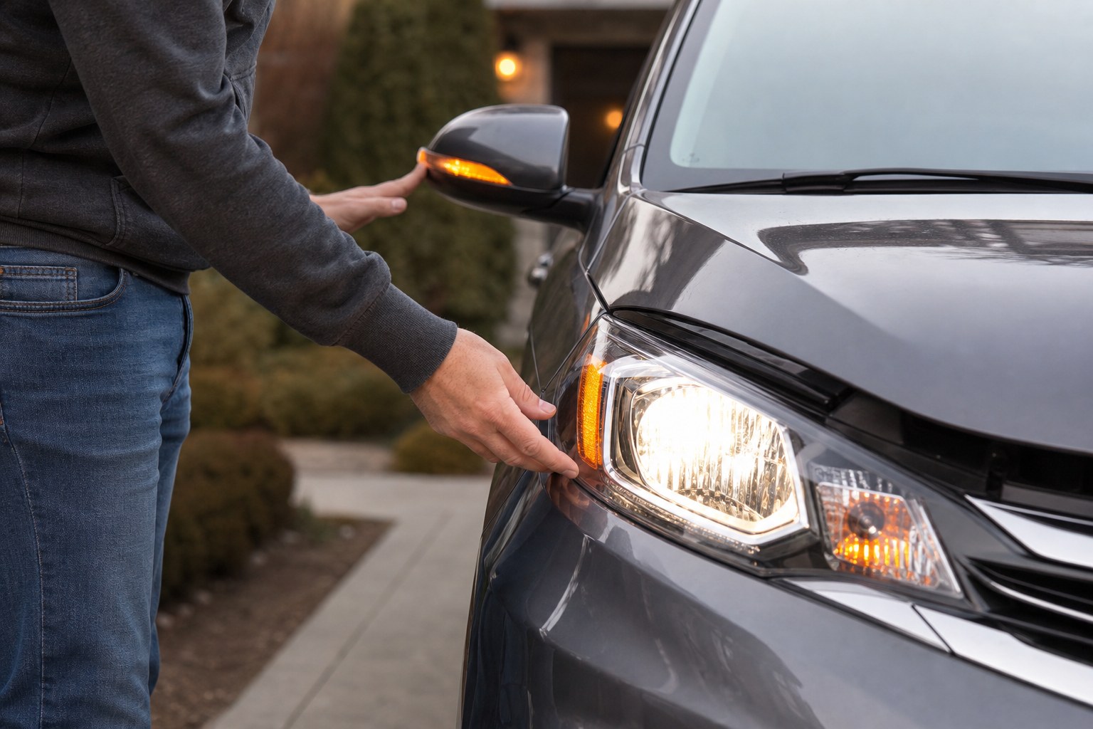 Driver checking a car headlight and turn signal before a road test