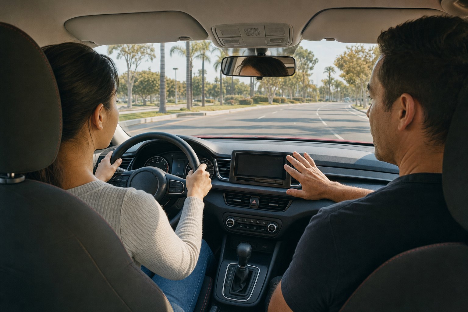 A learner receiving calm instruction in a driving lesson