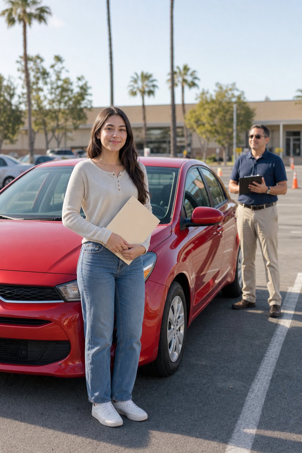 New driver beside a training car before a driving test