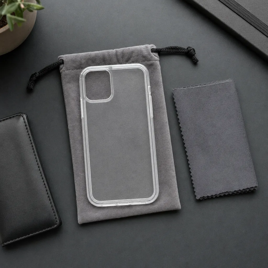 A clear phone case and microfiber cloth on a charcoal surface
