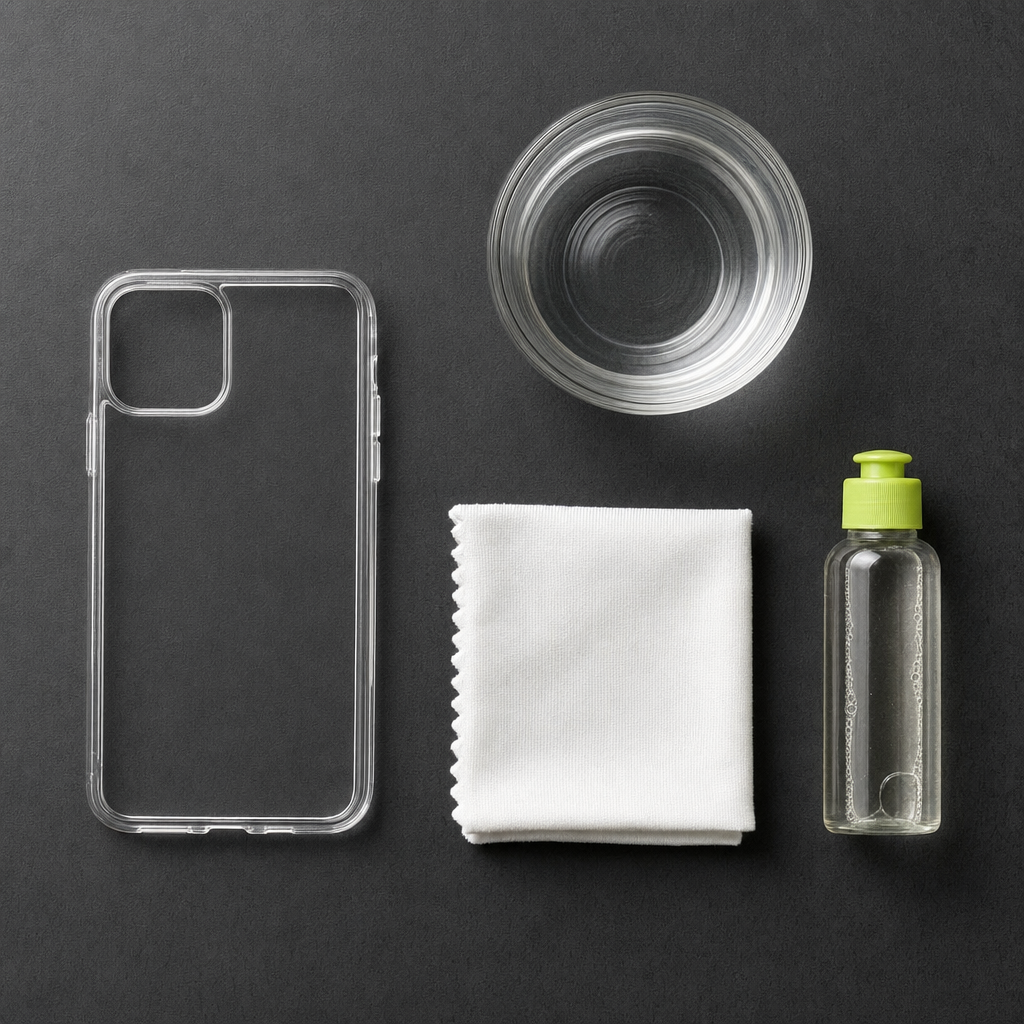 A clear phone case, microfiber cloth, water bowl, and mild soap arranged for cleaning