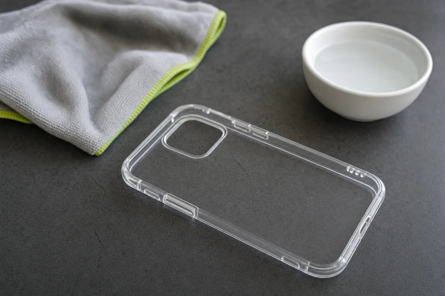 A clear phone case beside a microfiber cloth and bowl of water