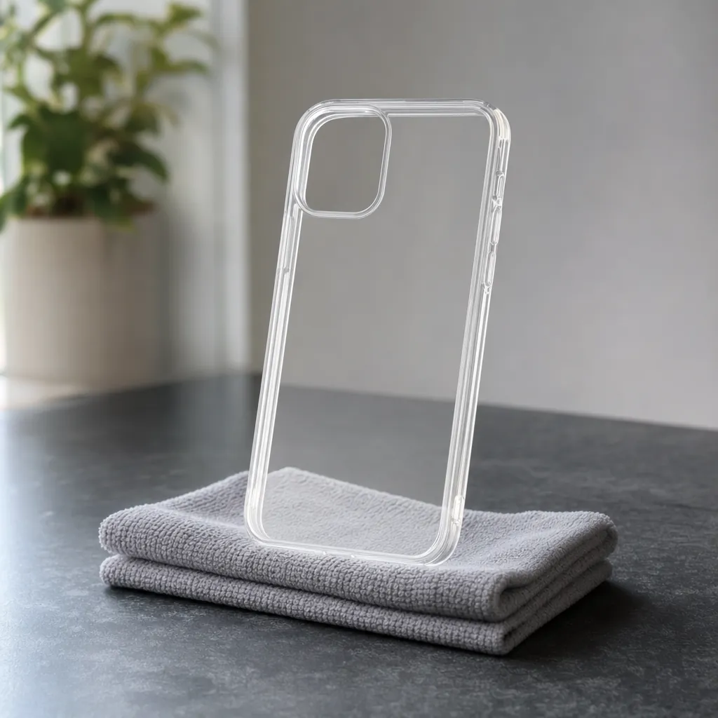 A clear phone case drying on a folded microfiber cloth