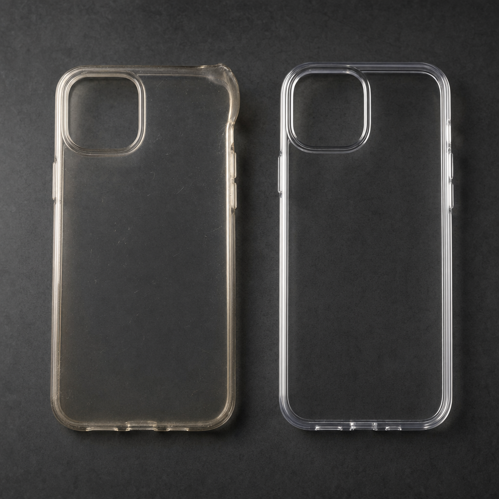 A worn clear phone case beside a clean replacement case