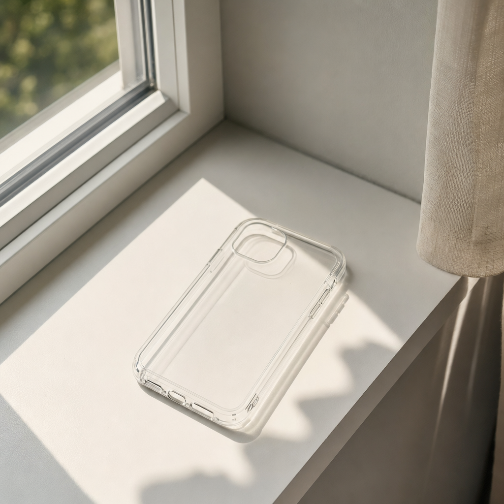 A clear phone case resting on a sunlit windowsill