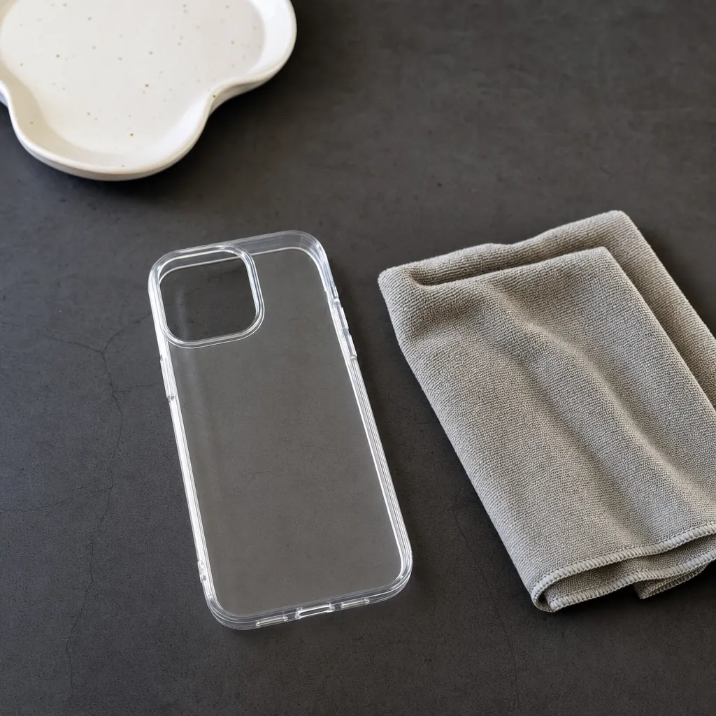 A clear phone case beside a folded microfiber cloth