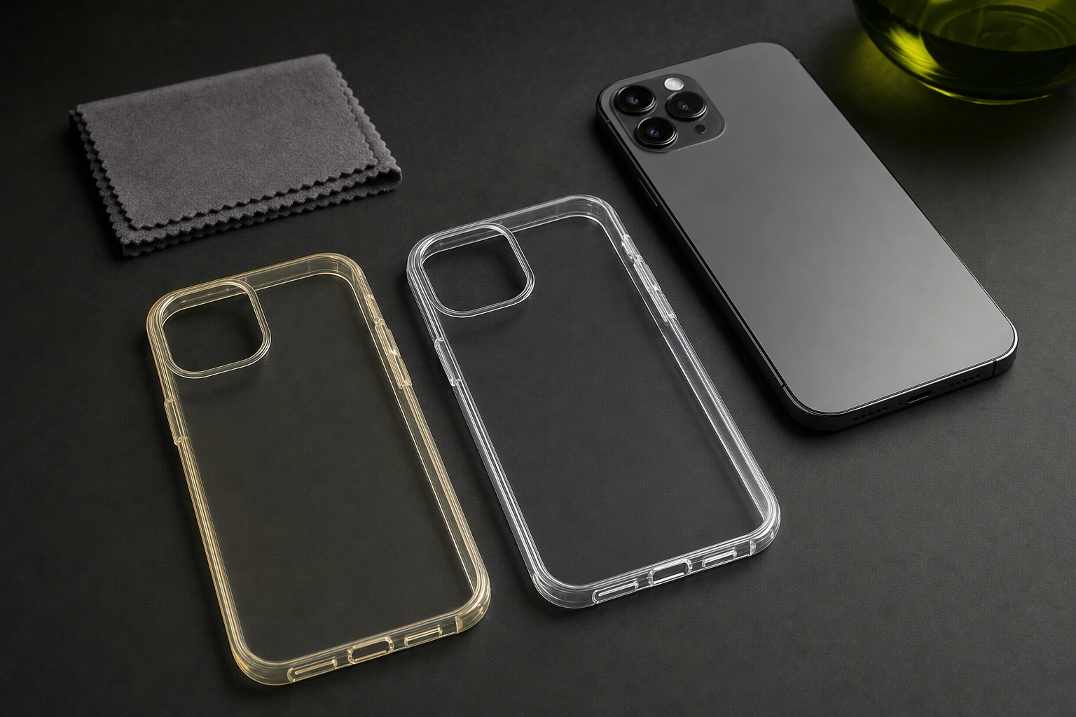 A yellowed clear phone case beside a clean clear phone case on a charcoal surface