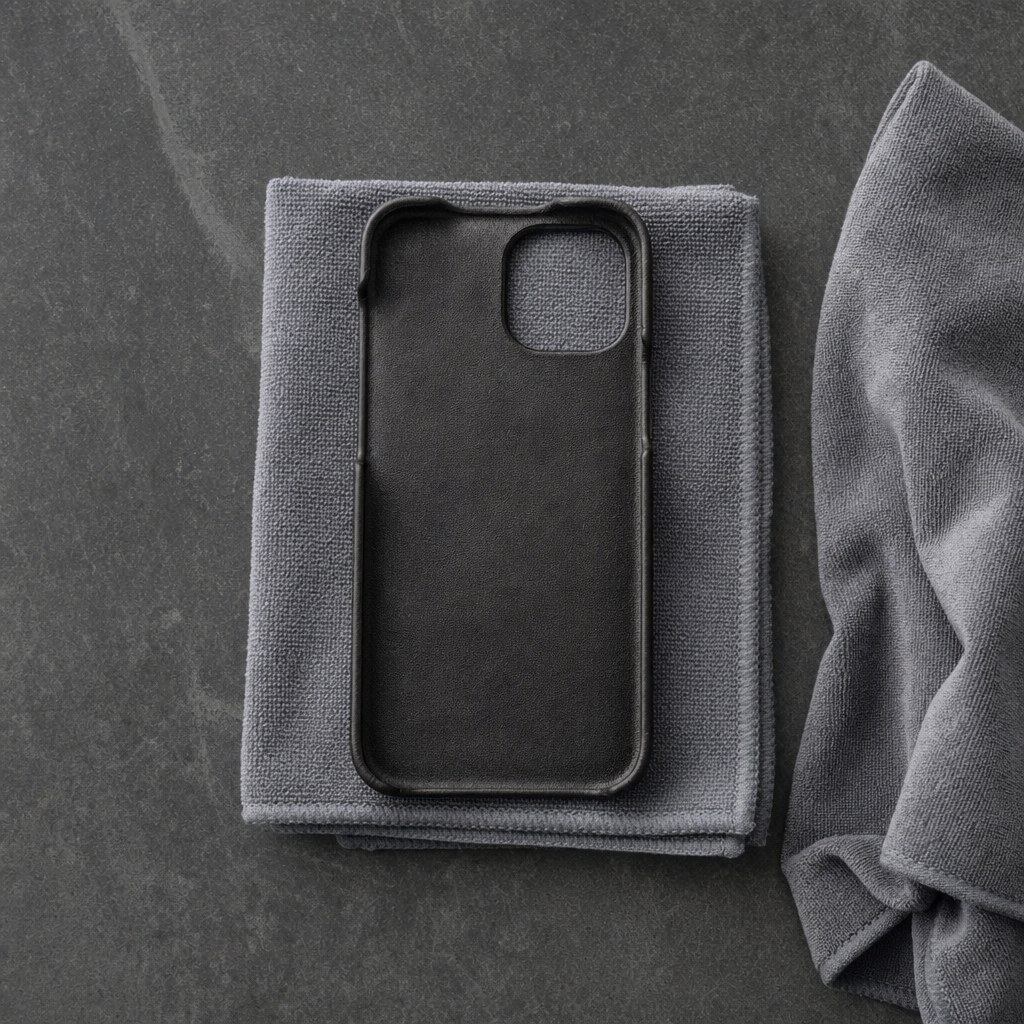 A black leather phone case air drying on a folded microfiber towel