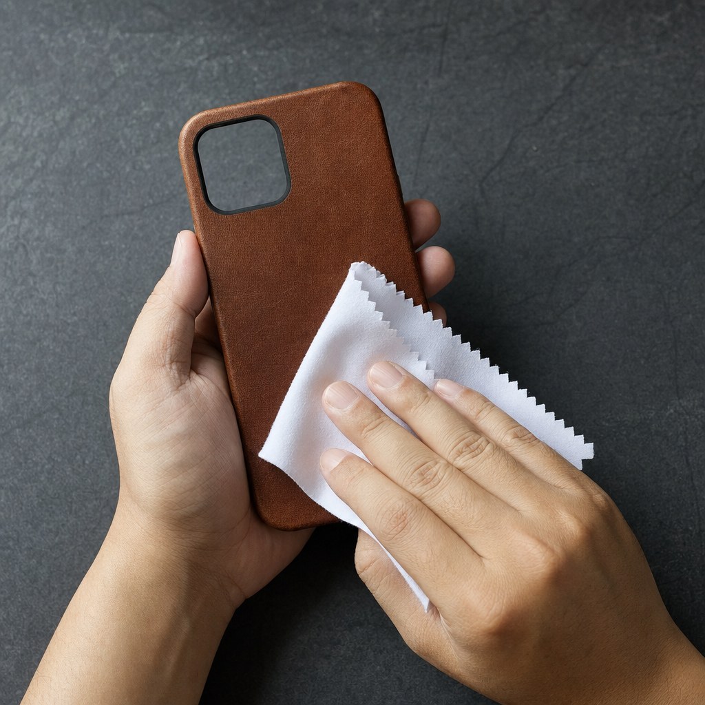 Hands gently wiping a brown leather phone case with a microfiber cloth