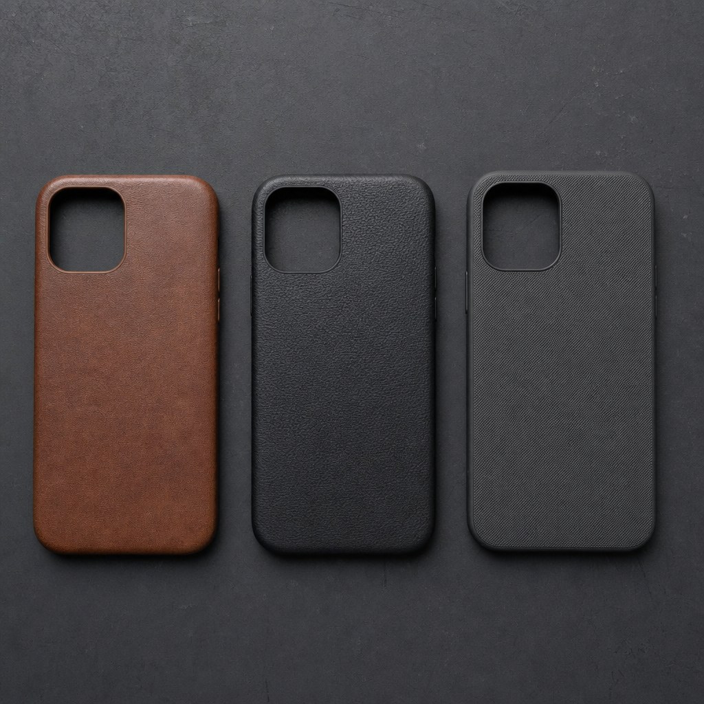 Brown, black, and gray phone cases showing three different leather-style finishes