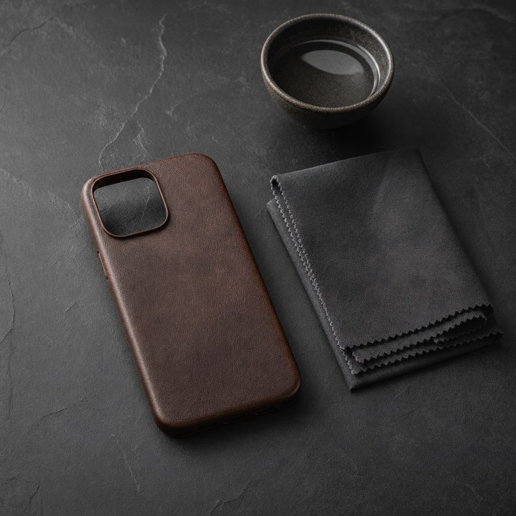 A brown leather phone case beside a charcoal microfiber cloth and bowl of water