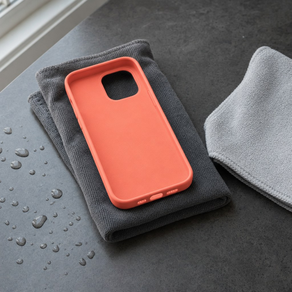 A coral silicone phone case air drying on a microfiber towel