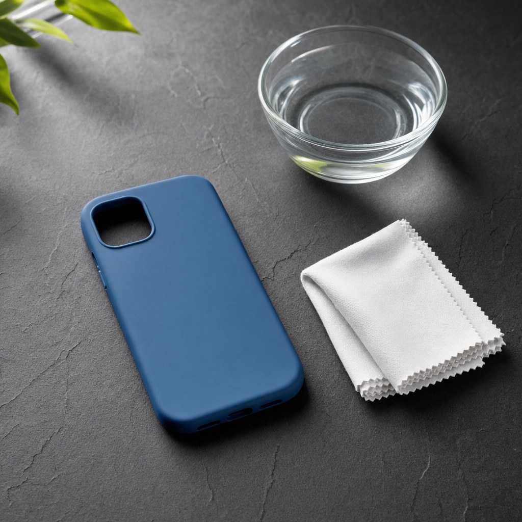 A blue silicone phone case with a microfiber cloth and bowl of water on a charcoal surface