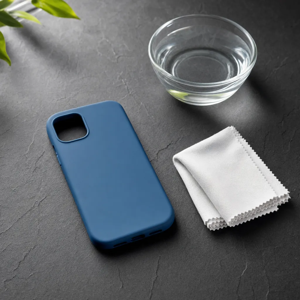 A blue silicone phone case with a microfiber cloth and bowl of water on a charcoal surface