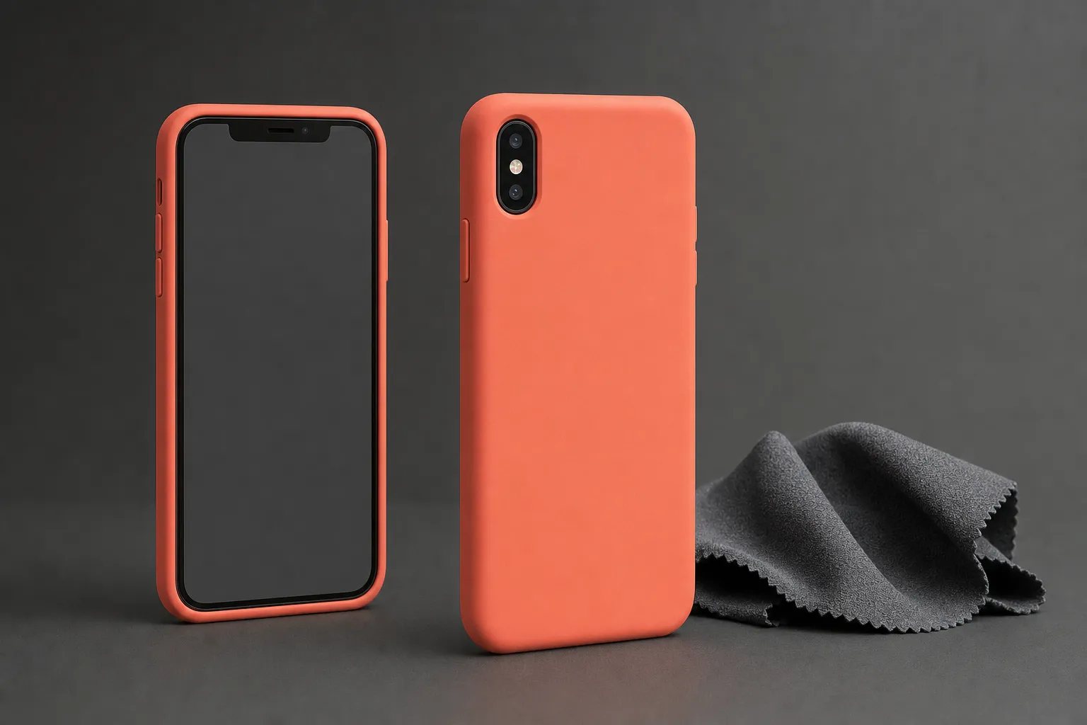 Coral silicone phone cases beside a microfiber cloth on a charcoal surface