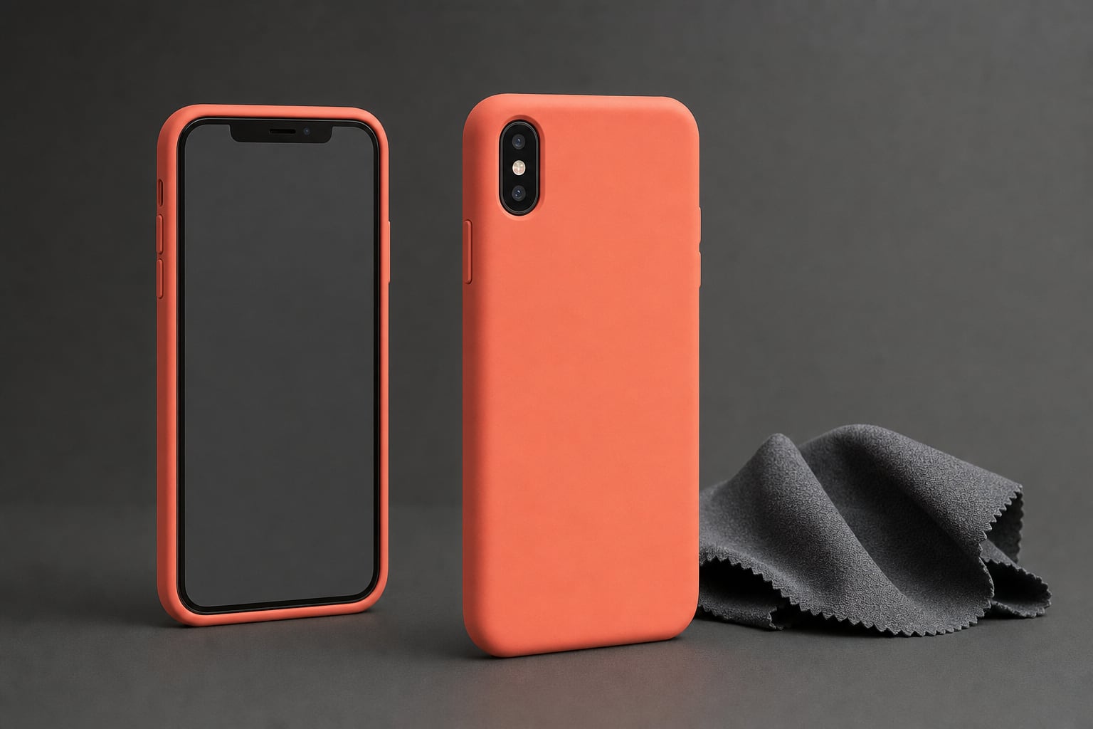 Coral silicone phone cases beside a microfiber cloth on a charcoal surface