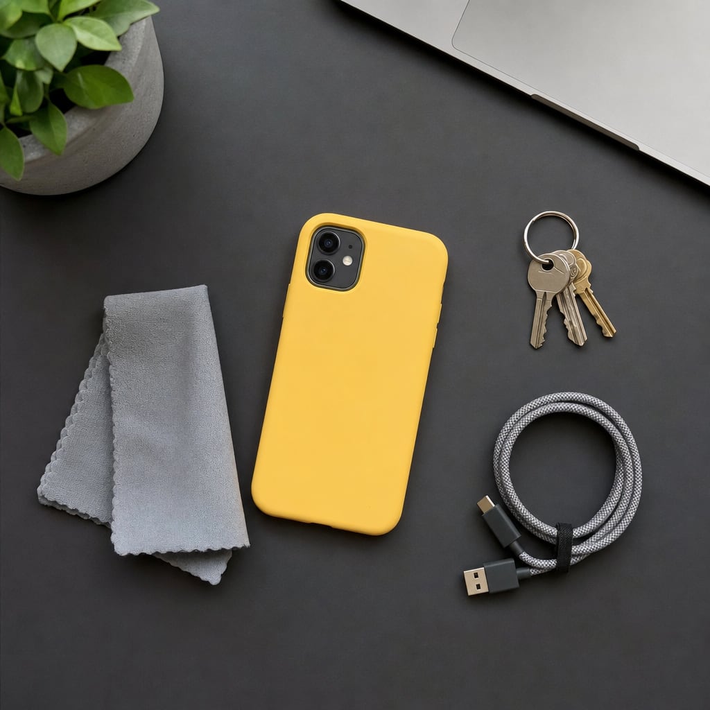A yellow silicone phone case, microfiber cloth, keys, and charging cable on a dark desk